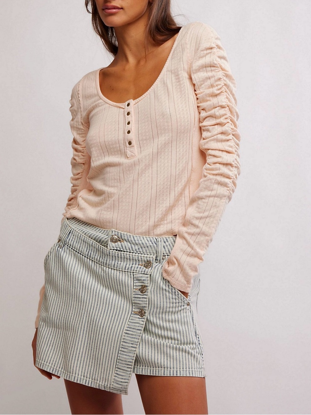 Free People Hope Henley Ribbed Long Sleeve Top in Light Pink